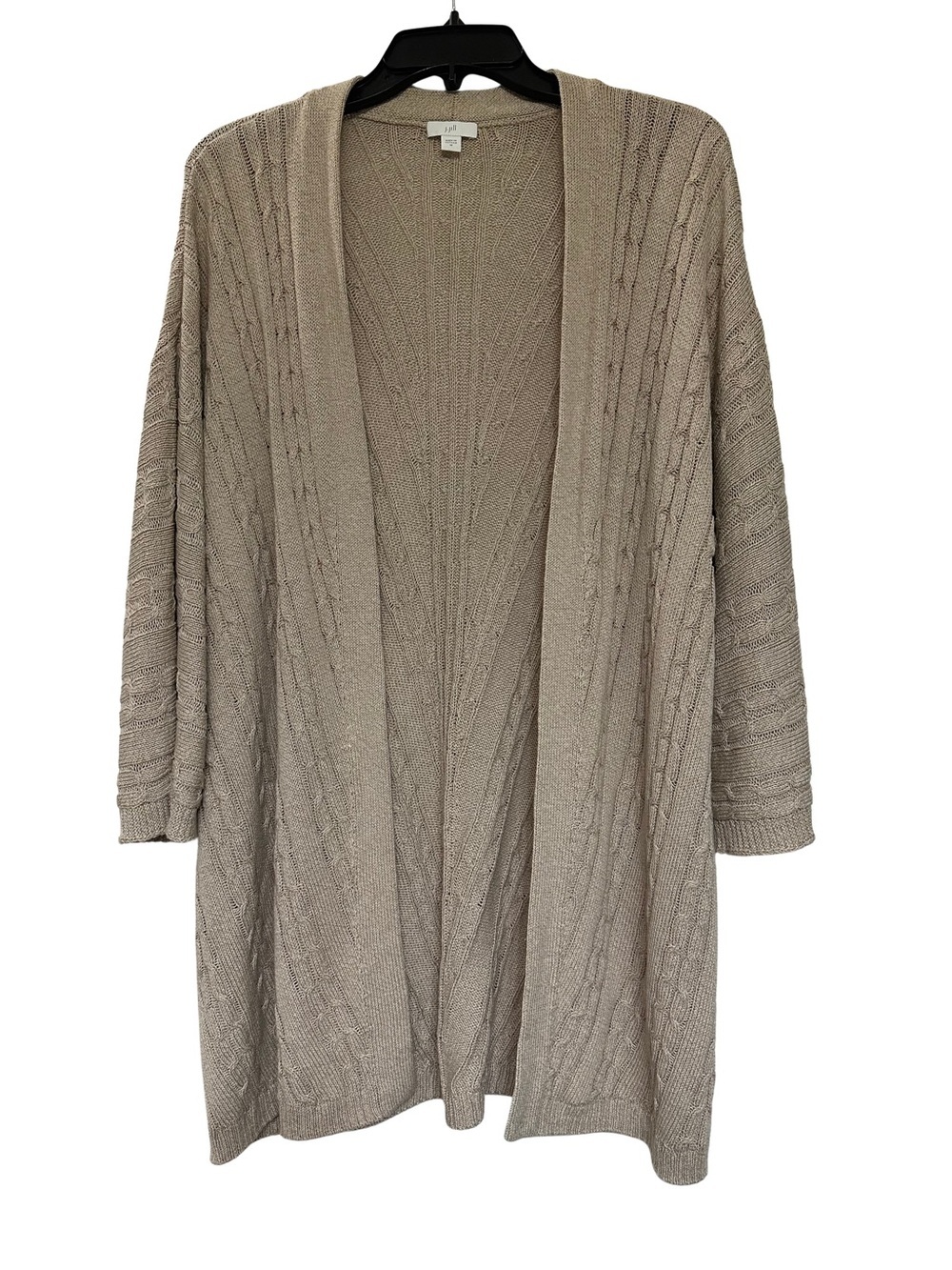 J..Jill Open-Front Cable Knit Cardigan Sweater - Cotton Taupe M